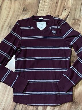 Y2K Abercrombie & Fitch Striped Moose Logo V Neck Long Sleeve Top Maroon Gray M